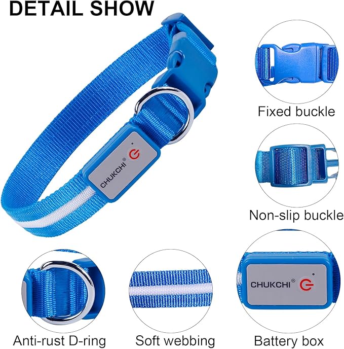 CHUKCHI LED Dog Collar Rechargeable,Waterproof Flashing Collar,Light Up Glow Collar, Adjustable Soft Safety Light Up for Small Medium Large Dogs Walking Camping at Night (Blue-S)