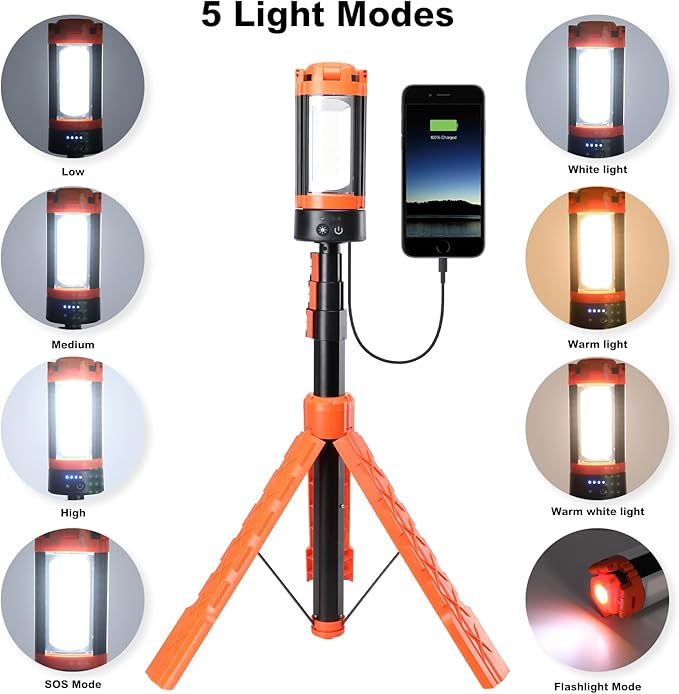 Camping Lights, Portable Rechargeable LED Camping Lantern with 5 Lighting Modes - Telescopic Light with Tripod Work Light, Detachable Flashlight Light for Emergency, Power Outages, Hiking