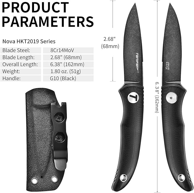 TONIFE Nova 2.68'' Blade Mini Neck Knife Full Tang Fixed Blade Knife with Kydex Sheath and Adjustable Paracord Lanyard for Camping Outdoor Survival Tool (Black+Black Oxide then Stonewash)
