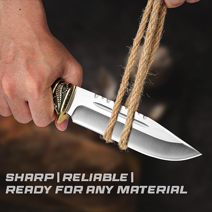 Fixed Blade Hunting Knife with Horizontal Leather Sheath YU-LN, 10.63" Bushcraft Knife for Men with Wood Handle, Gift for Men