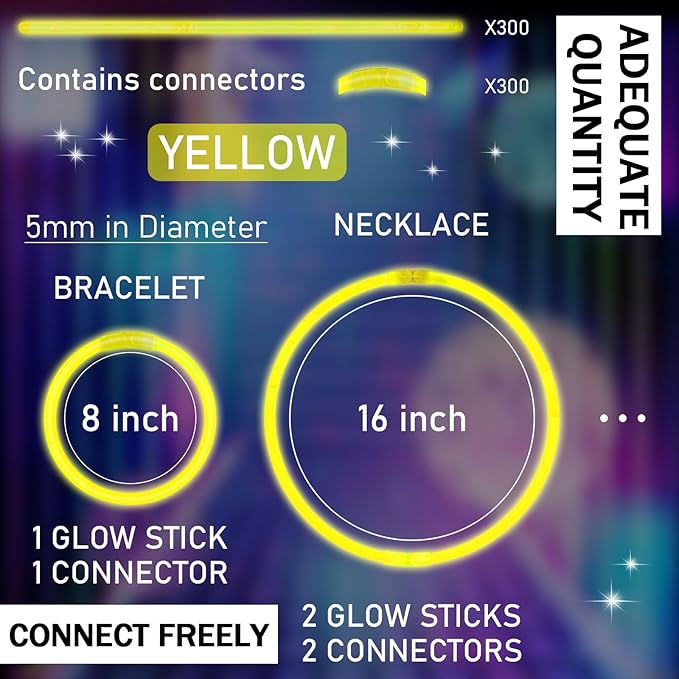 Hanaive 300 Pcs Glow Sticks Bulk 8 Inch Glow in The Dark Party Favors Neon Bracelets and Necklaces Light up Sticks with Connectors for Holiday Birthday Party Supplies(Yellow)