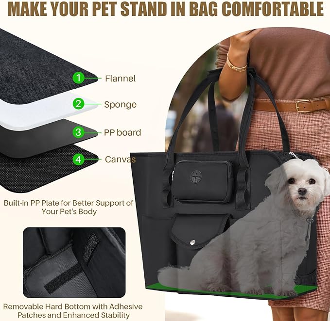 SlowTon Dog Purse Carrier - Portable Dog Carrier with Pockets & Safety Leash for Small Dogs Under 12 lbs, Breathable Pet Tote Bag for Cat Rabbit Outing, Travel, Vet (Black)