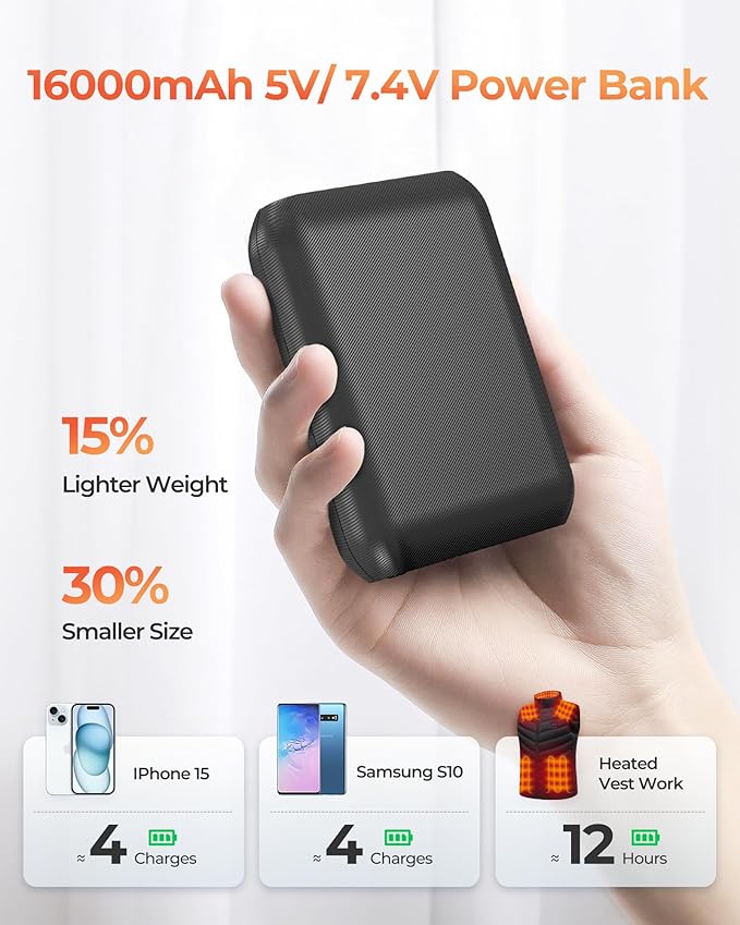 𝟳.𝟰𝗩/𝟱𝗩 𝟭𝟲𝟬𝟬𝟬𝗺𝗔𝗵 Heated Vest Battery Pack, Power Bank with USB/Type-C/DC (3.5/3.8/4.0) Output and LED Display, for Heated Vests, Hoodies, and Jackets up to 12H