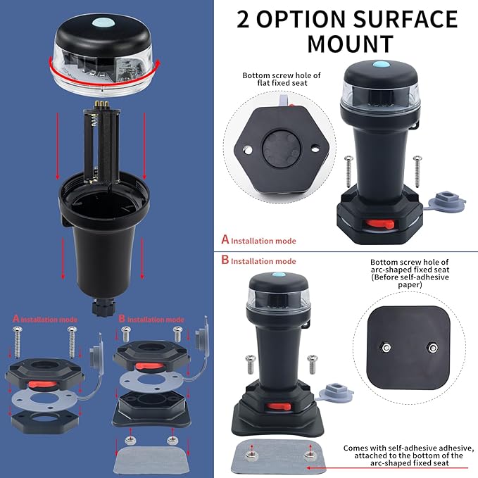 Kayak Battery Portable Navigation LED Lights Multi- Adaptors 3AA Battery Inflatable Boat Surface Mount Adhesive Base (Red/Green (With Fixed Base))