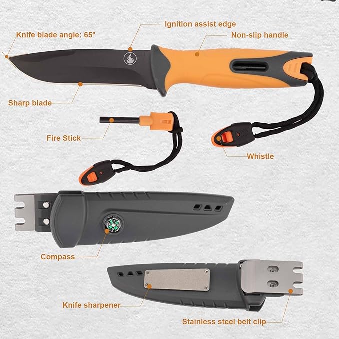 Fixed blade hunting knife-Stainless Steel Blade,Fixed blade knife with sheath, Fire Starter, Sharpener, Whistle and Compass,Survival Tactical Knife for Hunting,Fishing,Camping and Bushcraft
