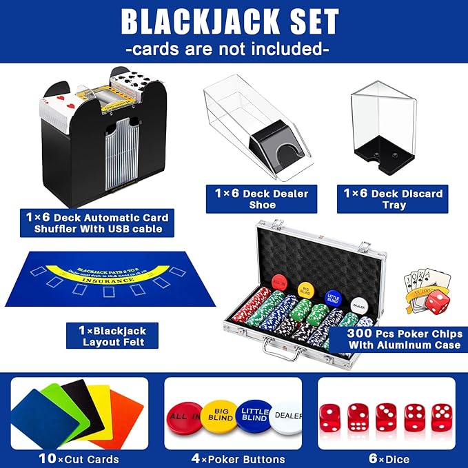 Aoriher Blackjack Casino Game Set, Include 300 Poker Chips, Casino Felt 1 Automatic Card Shuffler 6 Deck Dealer Shoe Discard Holder Tray Aluminum Case for Texas Holdem Blackjack Poker(Blue)