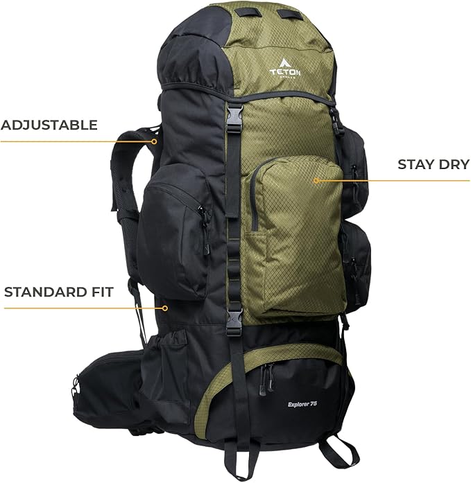 Teton 75L Explorer Internal Frame Backpack for Hiking, Camping, Backpacking, Rain Cover Included, Olive