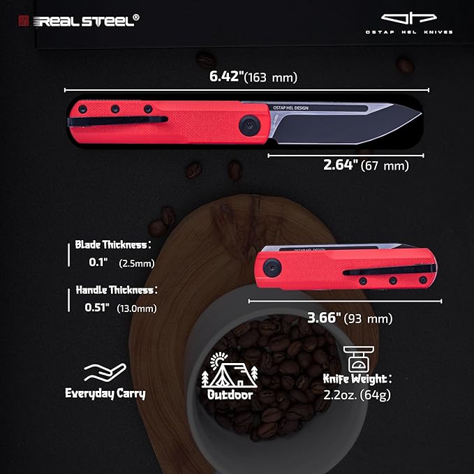 REALSTEEL G-Tanto Pocket Knife,Folding Knives,2.6" Nitro-V Blade,Double Detent Ball Slipjoint EDC,G10 Handle,2.2oz,Clip,Gift for Men Women Outdoor Indoor Daily Use Camping Hiking(Red Black)