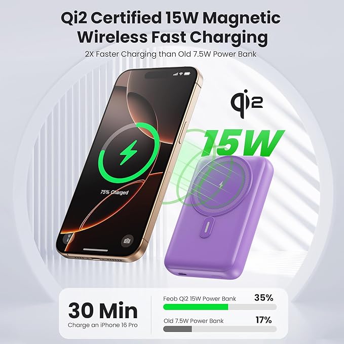 Magnetic Portable Charger for iPhone, 3-in-1 10800mAh Qi2 15W Wireless Power Bank with iWatch Charger,30W PD Fast Charging USB-C LCD Display Battery Pack for Magsafe,iPhone 17/16/15/14/13, Apple Watch