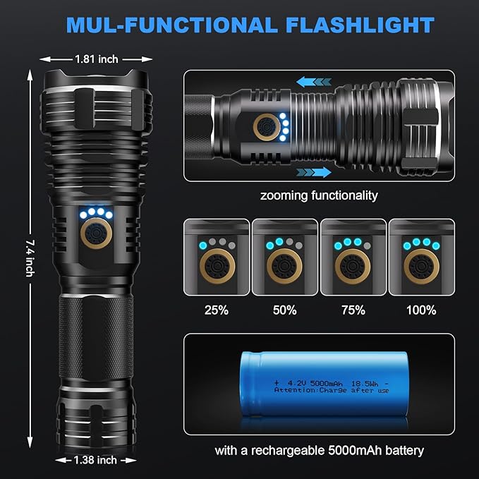 BengMxj Rechargeable LED Flashlights High Lumens Tactical Flashlight with Zoomable Super Bright Waterproof Flashlights for Emergencies,Camping,Hiking,Home