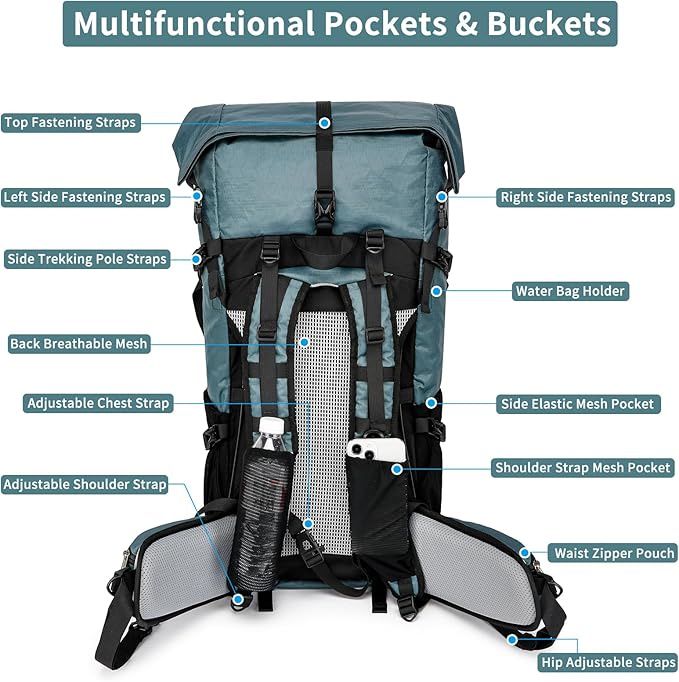 Hiking Backpack,40L to 50L Extra Large Capacity Hiking Bag,Internal Frame Camping Backpack,Upgraded X-PAC Lightweight Sport Daypack Travel Backpack Fit For Mountain Climbing Camping(Grey Green)
