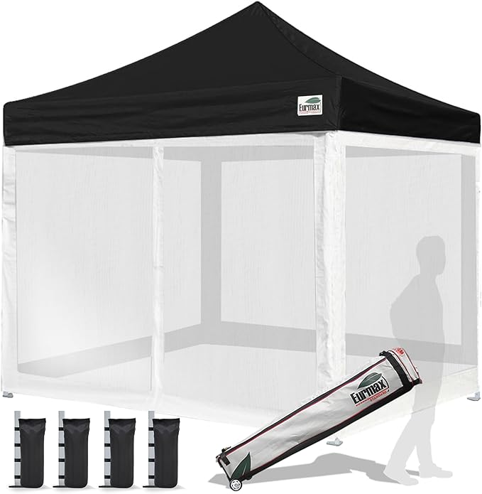 Eurmax USA 10'x10' Pop-up Canopy Tent Commercial Instant Canopies with 4 Removable Zipper End Screen Wall kit and Roller Bag, Bonus 4 SandBags(Black)