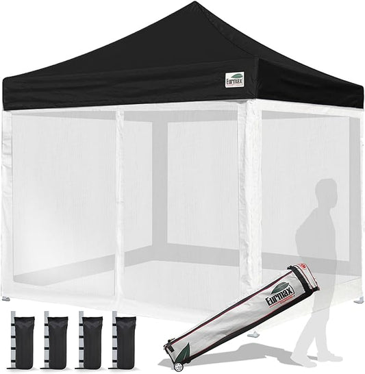 Eurmax USA 10'x10' Pop-up Canopy Tent Commercial Instant Canopies with 4 Removable Zipper End Screen Wall kit and Roller Bag, Bonus 4 SandBags(Black)