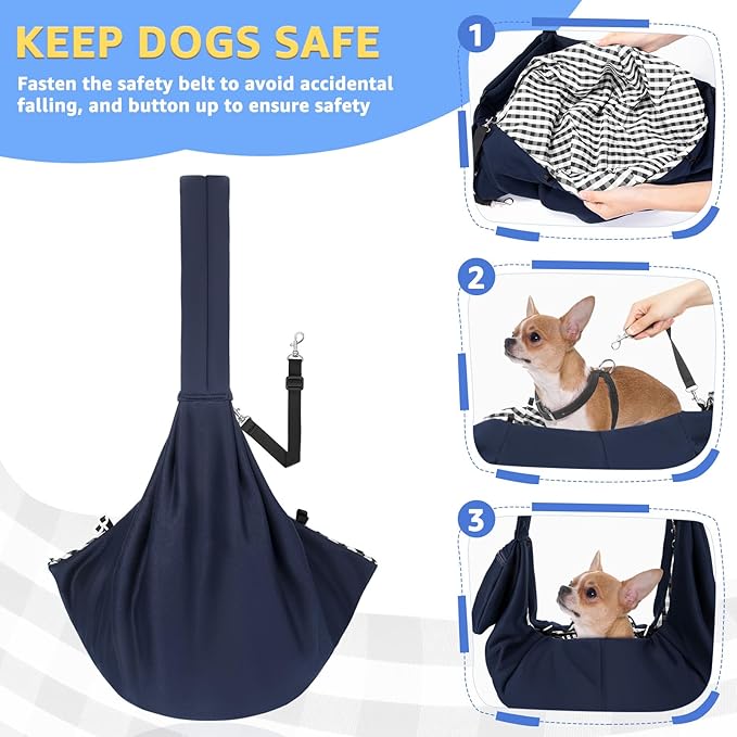 SlowTon Dog Carrier Sling - Thick Padded Shoulder Strap Adjustable Dog Carriers for Small Dogs, Puppy Carrier Purse for Pet Cat with Front Zipper Pocket Safety Belt Machine Washable (Dark Blue, L)