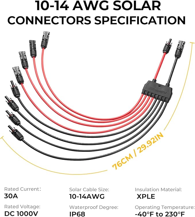 BougeRV Solar Parallel Connectors for 2-4 Solar Panels, Extra Long 2 to 8 Y Branch 10AWG Adapter Splitter Cable Wire Plug PV Tool Kit, Waterproof (MFFFF/FMMMM)