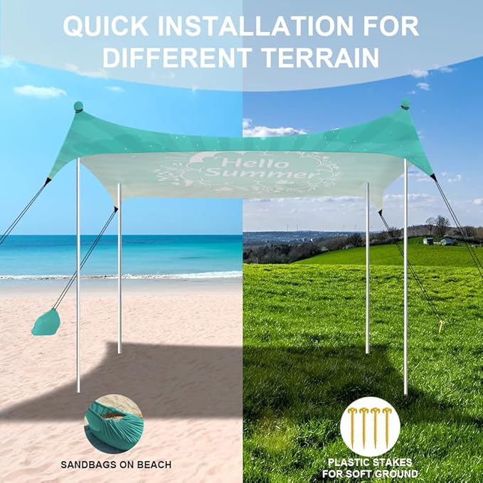 YUKIHOME Beach Tent Sun Shade Canopy Tent, UPF 50+ Camping Beach Sun Shelter 10 x 10ft 4 Pole, Lightweight, Easy Set Up and Carry