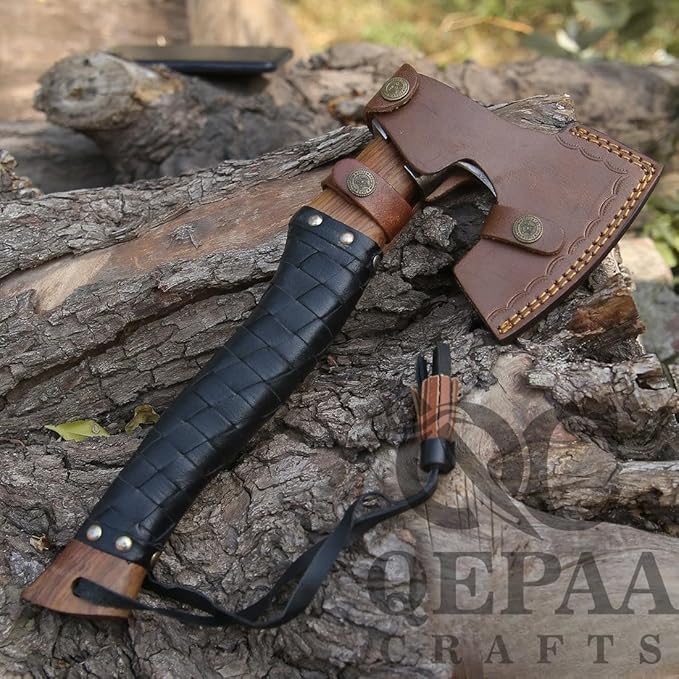Qepaa Crafts®Russian Valknut Wood Viking Style Bearded Axe Tomahawk - Real Hatchet, Best Gift for Anniversary, Valentine's Day, Birthday,Leather Sheath with Leather Wrap Handle Perfect Hand Grip (SFL)