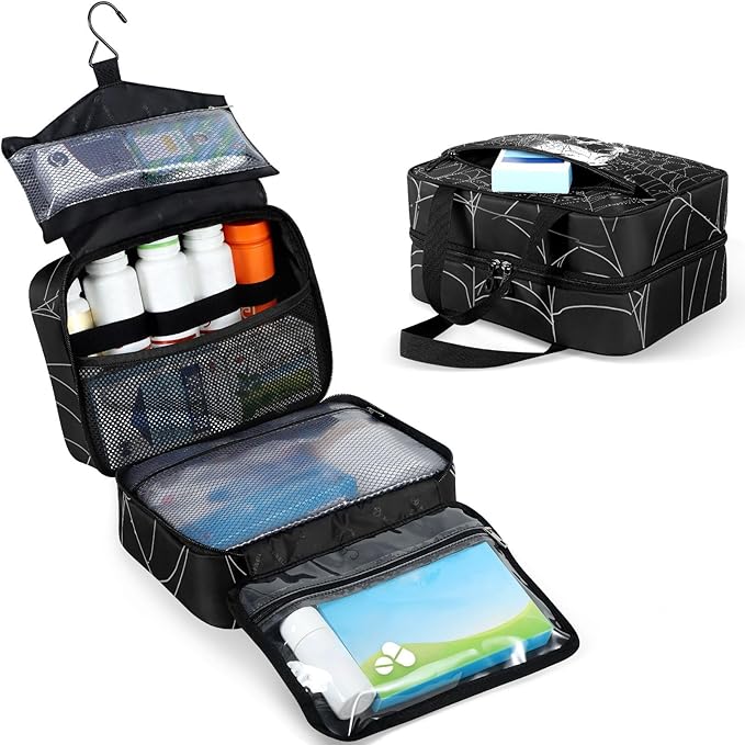Fustylead Hand Draw Human Skull on Spider Web Travel Pill Bottle Organizer Large Home Storage Medication Bag with Zipper for Vitamins, First Aid, Fish Oil, Medical Supplies
