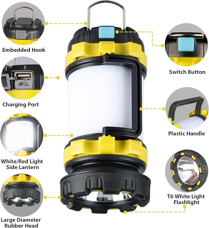 2 Pack Camping Lantern, Outdoor LED Camping Light, Rechargeable Flashlights with 1000LM, 6 Modes, 4000mAh Power Bank, IPX5 Waterproof Portable Emergency Camp Light for Hurricane Survival - Yellow