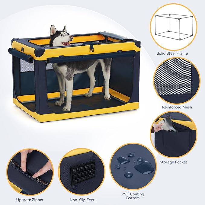 A4Pet Collapsible Dog Crate - 36 Inch with Adjustable Stainless Steel Frame, Lightweight, Durable and Soft Sided, Dog Kennel with 3-Door