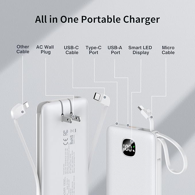 Portable Charger with Built-in Cables&AC Wall Plug,Slim 10000mAh 22.5W Fast Charging Power Bank,5 Output 2 Input USB-C External Battery Pack Compatible with iPhones,Samsung,Android, etc