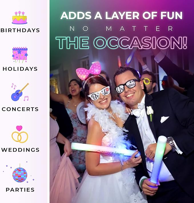 100 Pack - Multicolor LED Foam Sticks Glow Batons - 3 Modes - 18" - Great for Weddings and Parties