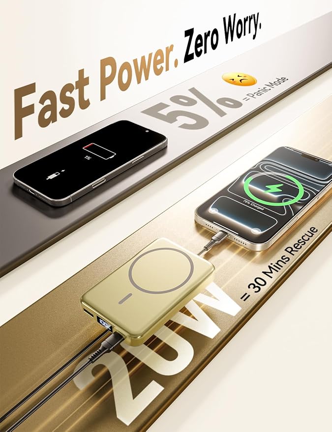 Magnetic Portable Charger, 10000mAh Power Bank, 20W Fast Charging for Magsafe Battery Pack, Travel Essential Wireless Charger Compatible with iPhone 17/16/15/14/13/12 Pro/Max/Air/Plus Series, Samsung