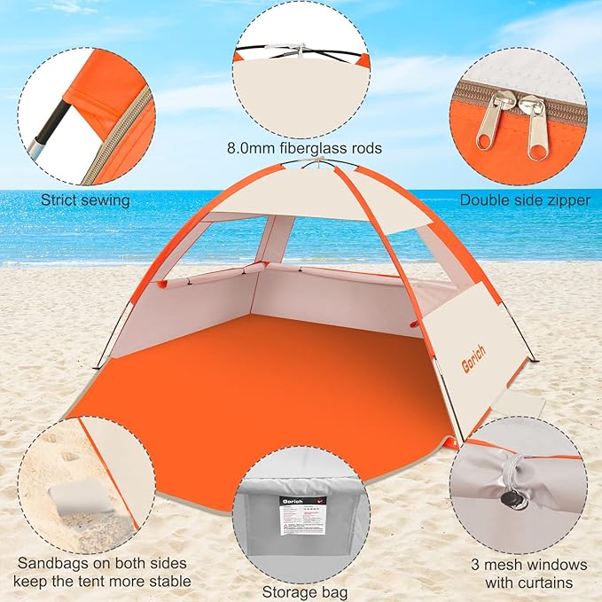 Gorich Beach Tent Sun Shelter for 3/4-5/6-7/8-10 Person with UPF 50ï¼?UV Protection, Lightweight & Easy Setup Beach Shade Canopy, Portable Beach Shade Tent Beach Cabana