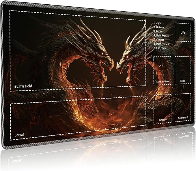 Playmat for MTG with Zones, 24 x 14 inches Game Play Mat for MTG TCG, Trading Card Game Play Mat Desk Mats with Stitched Edges Non-Slip Base, Two Dragon