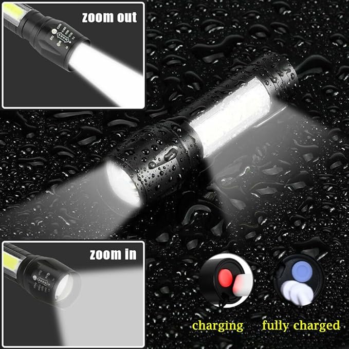 Led Flashlight Rechargeable USB Torch Mini Small Light Super Bright Handheld Tiny Portable Pocket Keychain Flash Light with COB Side Searchlight High Lumens Zoomable Emergency Camping 2 Pack