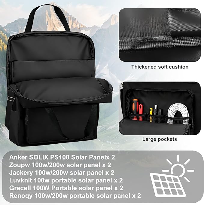 Jfxgjuv Solar Panel Storage Bag Compatible with Jackery SolarSaga 100W 100X 200W, Travel Carrying Case with Deepened Opening, Zipper with Pull and Multi-Accessory Space Solar Panel (Black)