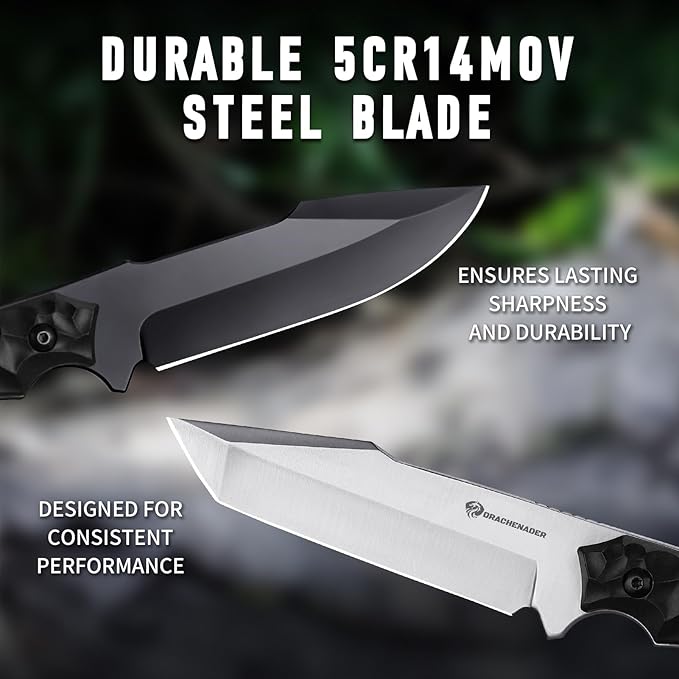 B-ER-DROP POINT Fixed Blade Hunting Knife, Survival Knife with Sheath, Full Tang, Full Black, Gifts for Men