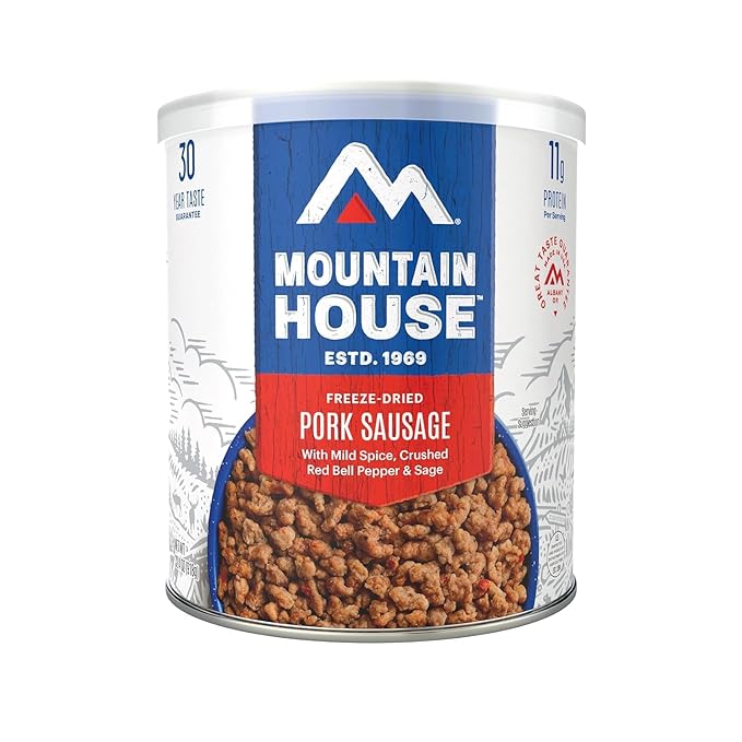 Mountain House Freeze-Dried Pork Sausage #10 Can ??25 Servings per Can ??Fully Cooked, Ready-to-Eat Emergency Canned Food Supply ??High-Protein Canned Meat for Camping, Hiking, Survival,??30-Year Taste Guarantee ??Made in USA ??Pack of 6