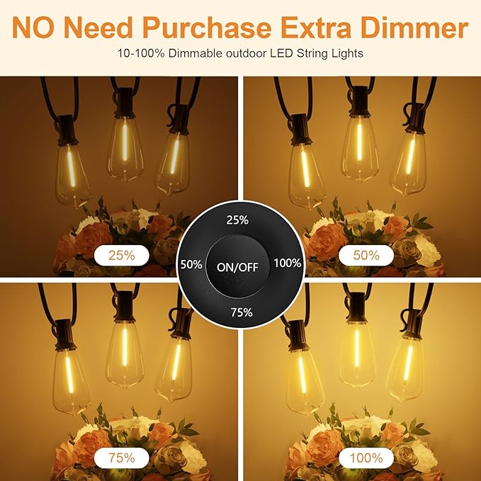 100FT Remote Outdoor String Lights for Outside, 50+2 LED Waterproof Shatterproof Edison Dimmable Timer Bulbs, 2500K Warm White Patio Lights for Garden Backyard Yard Hanging Lighting