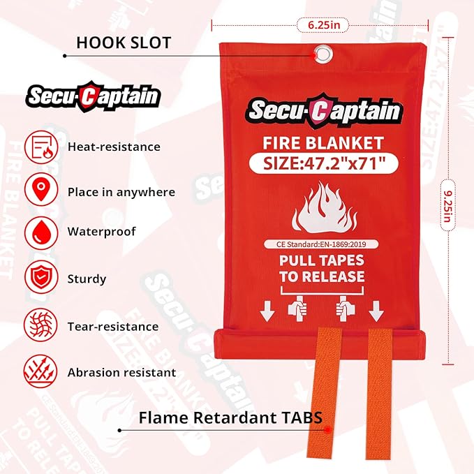 SecuCaptain Emergency Fire Blanket for Home - 2 Pack 47.2"x71" X-Large Flame Retardant Blankets with Fireproof Tabs for House Camping Kitchen Fire Protection Survival Safety