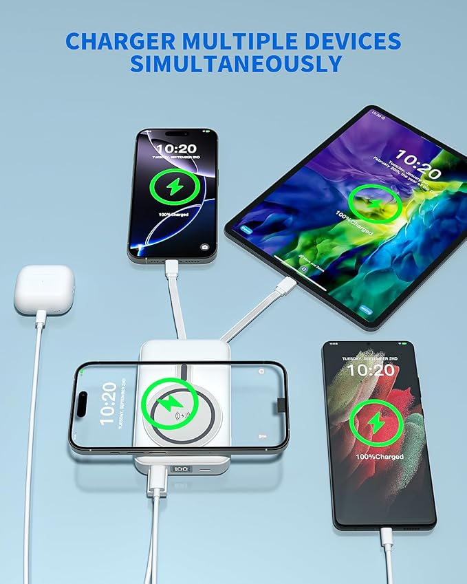 Magnetic Portable Charger, 10000mAh Multi-port Wireless Power Bank, 22.5W Mag Safe Battery Pack, Stand Portable Charger Built in Cables Compatible with iPhone 17/17 Air/17Pro/16/15/14/13,Samsung White