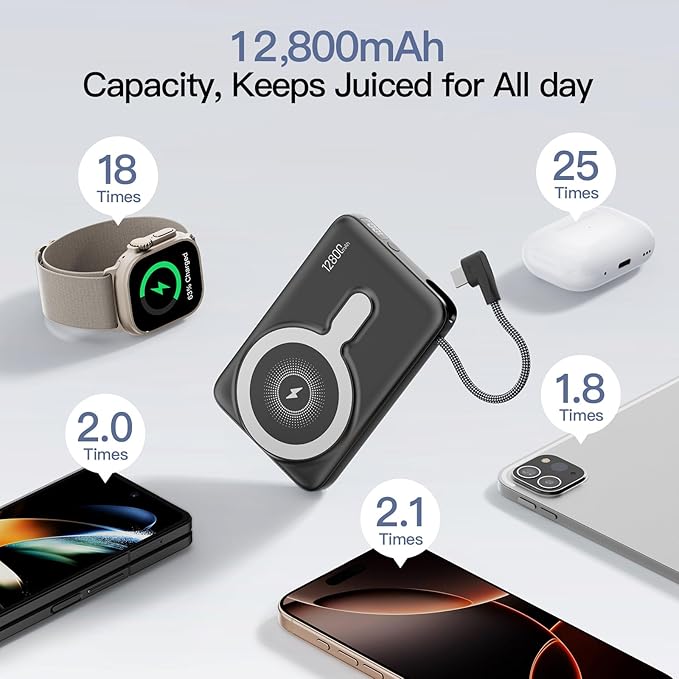 2025 Updated M3 Ultra Slim 0.4'' Wireless Power Bank, 12800mAh Magnetic Portable Charger with Built in Cable and Strap, LED Battery Pack Travel Essentials for iPhone 16/15/14/13/12/Pro/Pro Max Andriod