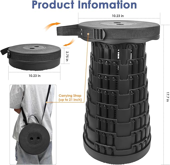 Upgraded Collapsible Stool, Portable Folding Stool, Lightweight Telescoping Retractable Stool with Max Load Capacity 600lbs, Foldable Seat Stools for Outdoor Camping Fishing Hiking Travel BBQ