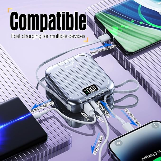 10000mAh Slim Power Bank with Built-in Cables, 22.5W Fast Charging, 4 Outputs 2 Inputs, 3A Portable Charger for Samsung Google Pixel LG Moto iPhone iPad