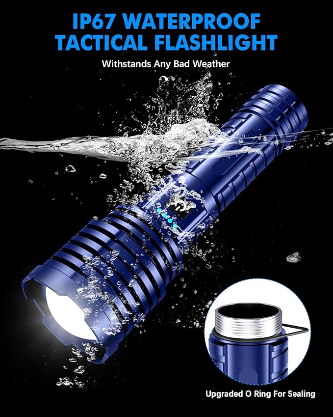 Super Bright Rechargeable LED Flashlights, 5000.000 True High Lumens, Powerful Tactical Flashlight Up to 25H Long Battery Life |Zoomable|5Light Modes|IP67 Water Resistant for Camping (Blue)
