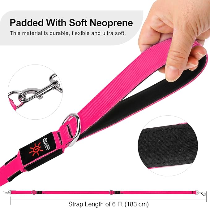 Colaseeme Light Up Dog Leash, LED Pet Leashes USB Rechargeable, Glow Safety Dogs Lights at Night (6FT,Pink)
