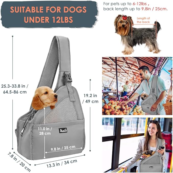 SlowTon Pet Dog Sling Carrier, Hands Free Hard Bottom Papoose Small Animal Puppy Up to 11 lbs Travel Bag Tote Breathable Mesh Support Adjustable Padded Strap Pocket Safety Belt Machine Washable