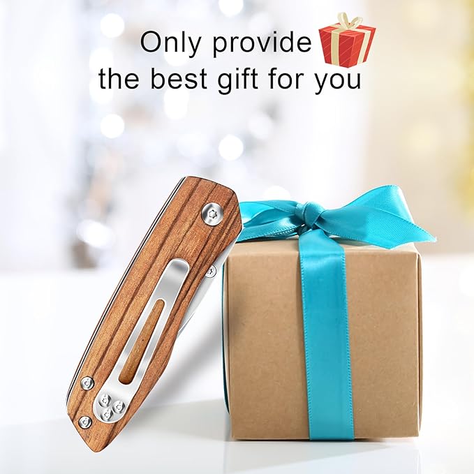 Vickay Folding Pocket Knife for Men & Women, 2.95" 8Cr13MoV Half-Serrated Steel Blade, Wood Hanlde EDC Knife with Clip, Liner Lock Knife for Camping, Hunting, Tactical, Survival and Father's Day Gift