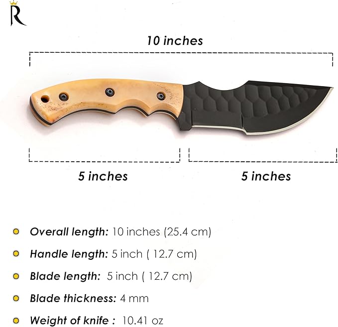 Fixed Blade Knife ??10??Handmade Tracker Hunting Knife with Camel Bone Handle & Leather Sheath, Full Tang 1095C High Carbon Steel Survival Knives for Camping, Hunting & Outdoor Use