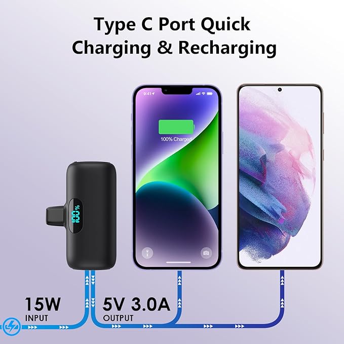 Mini Portable Charger for iPhone,Upgraded 5000mAh PD Fast Charging Battery Pack,LCD Display Cute Power Bank Portable Phone Charger for iPhone 14/14 Pro Max/13/13 Pro/12 Pro/11/XS/XR/X/8/7/6-Black