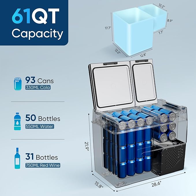 12 Volt Refrigerator Car Fridge - 61QT(58L) Dual Zone Electric Cooler, Car Refrigerator -4℉~68℉, Portable Refrigerator 12/24V DC 100-240V AC, Portable Freezer for Travel Camping RV Home