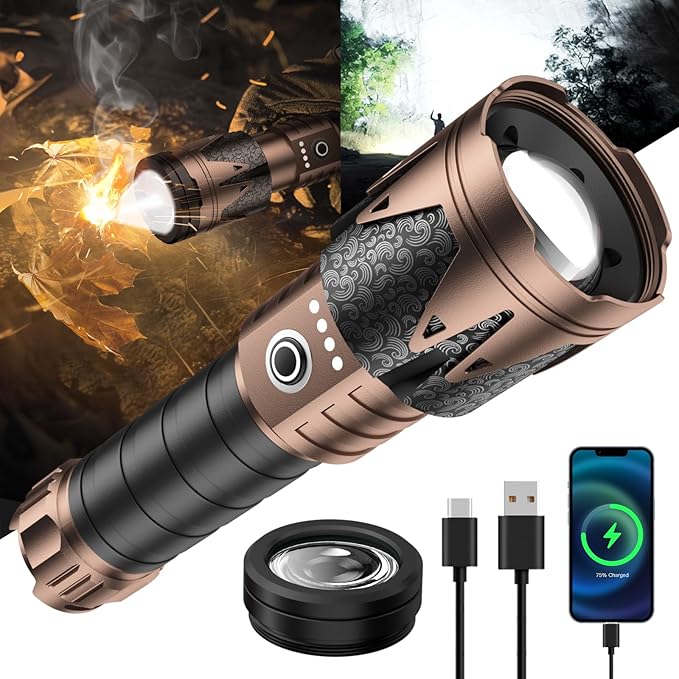 SKYFIRE LED Flashlights High Lumens with Ignition Lens,3000lm Super Bright Tactical Flashlights,Zoomable,Five Modes,Waterproof Flash Light for Camping Essentials,Outdoor,Home Emergency-Upgraded