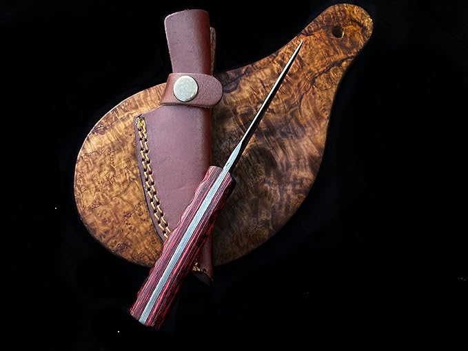 Titan International Knives Damascus Steel Hunting Knife | Fixed Blade, High Carbon Steel, Red Diamond Wood, Leather | Perfect for Hunting and Outdoor Activities