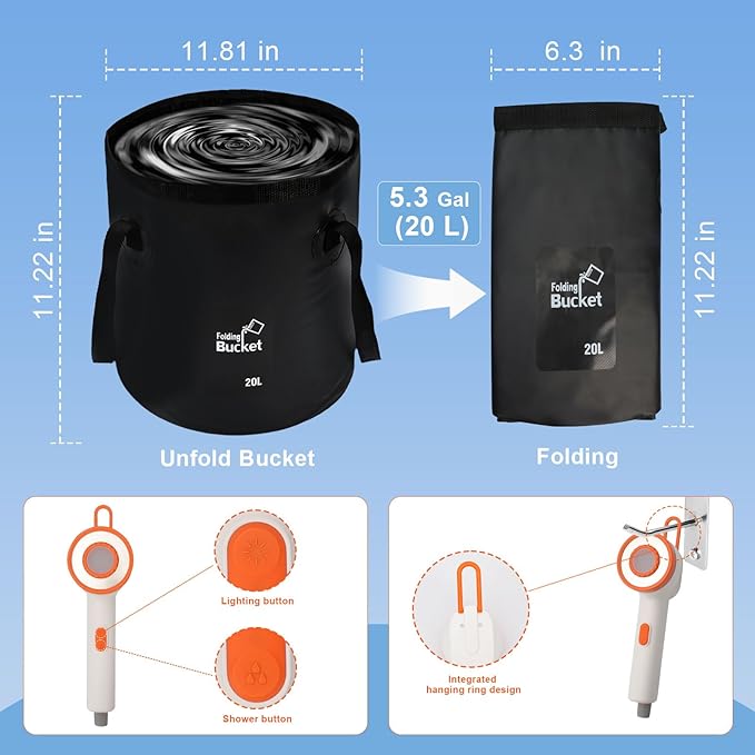 Portable Camping Shower with Light,2-in-1 Portable Shower for Camping,Carbon Filtration Shower,5 Gals Foldable Bucket, Rechargeable for Camping,Pet Bath,Gardening,Car Wash