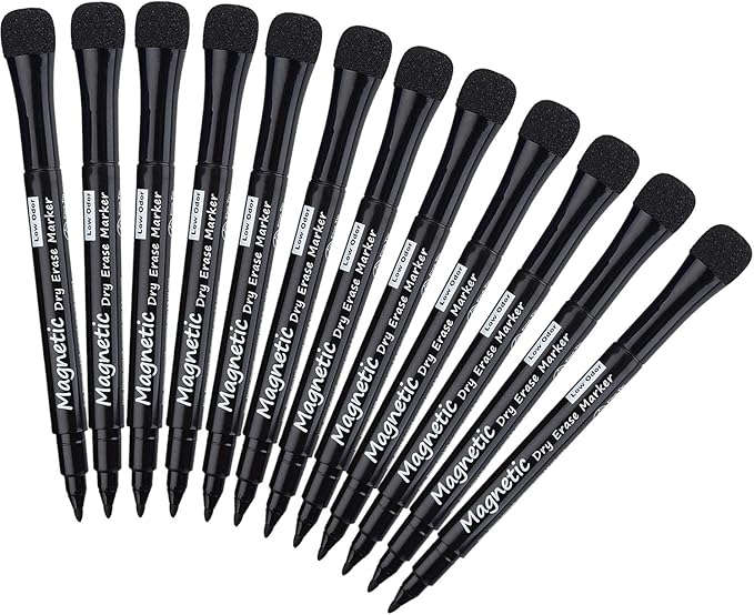 Browill Magnetic Dry Erase Markers, (12 pk) Dealkits Low Odor White Board Markers with Erasers for Kids Teacher Supplies for Classroom Work on White Board, Calender, Fine Tip Point, Black